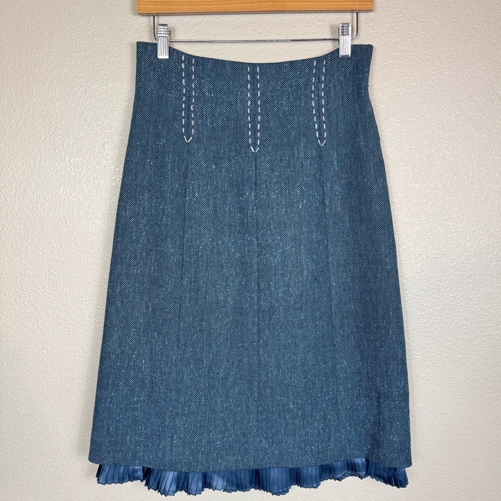 Rebecca Taylor Wool Tweed Pencil‎ Skirt with accordian pleat Trim blue career D